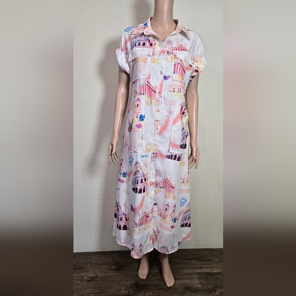 Beulah Style 70’s Rome Shirt Dress Size Small Whit Pockets - Picture 2 of 13